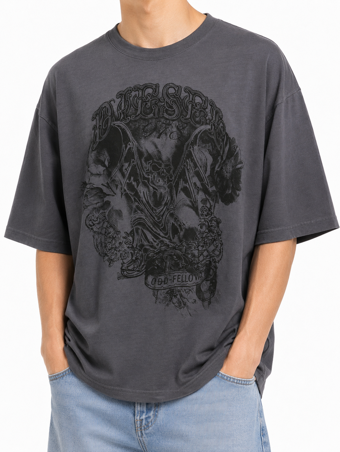 DIESEL T-Wash-Q1 Men T-Shirt M Grey Faded Patterned Oversized Short Sleeved