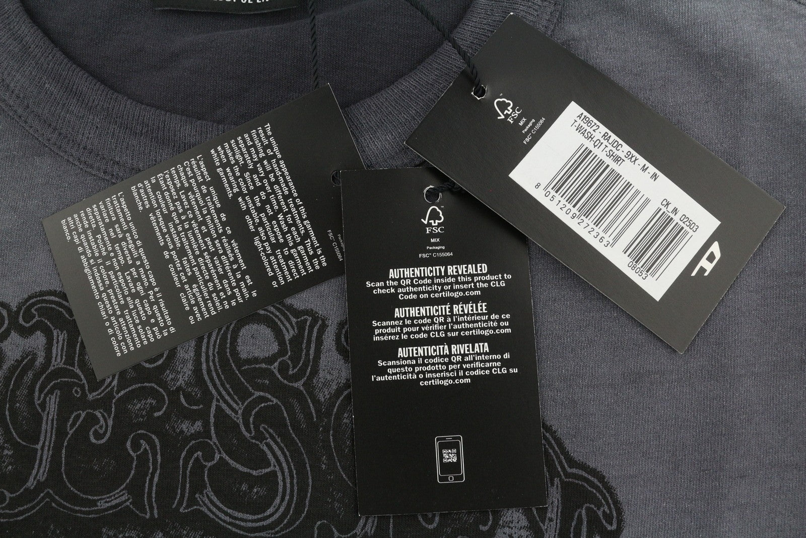 DIESEL T-Wash-Q1 Men T-Shirt M Grey Faded Patterned Oversized Short Sleeve