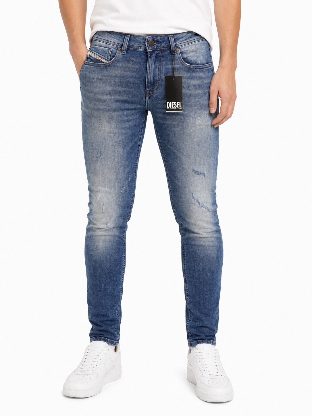 DIESEL 1979 Sleenker RBG04 Men Jeans W34/L32 Blue Distress Faded Skinny RRP195