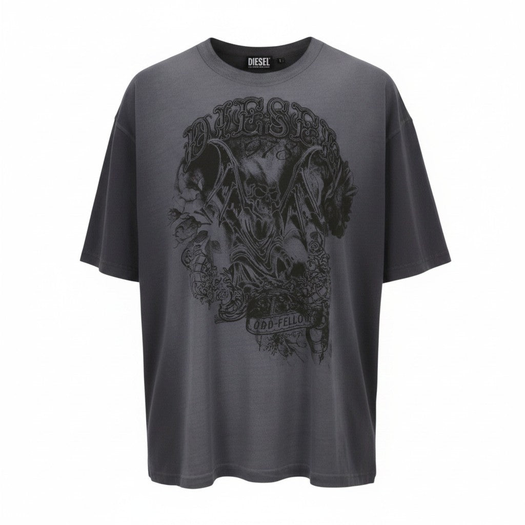 DIESEL T-Wash-Q1 Men T-Shirt L Grey Faded Patterned Oversized Short Sleeve