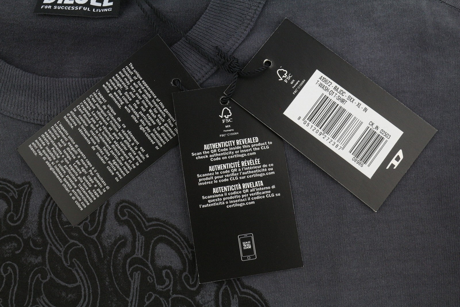 DIESEL T-Wash-Q1 Men T-Shirt XL Grey Faded Patterned Oversized Short Sleeve