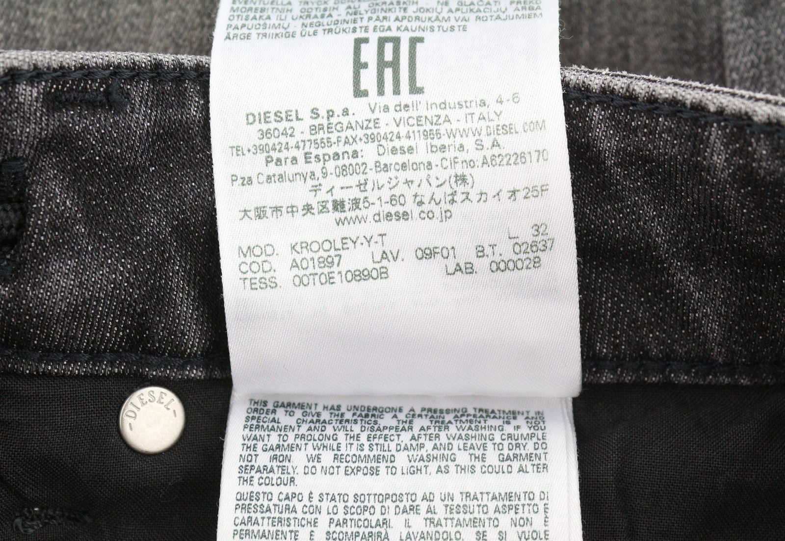 DIESEL Krooley Jogg 09F01 Men's Jeans W28/L32 Black Whiskers Faded Slim Fit