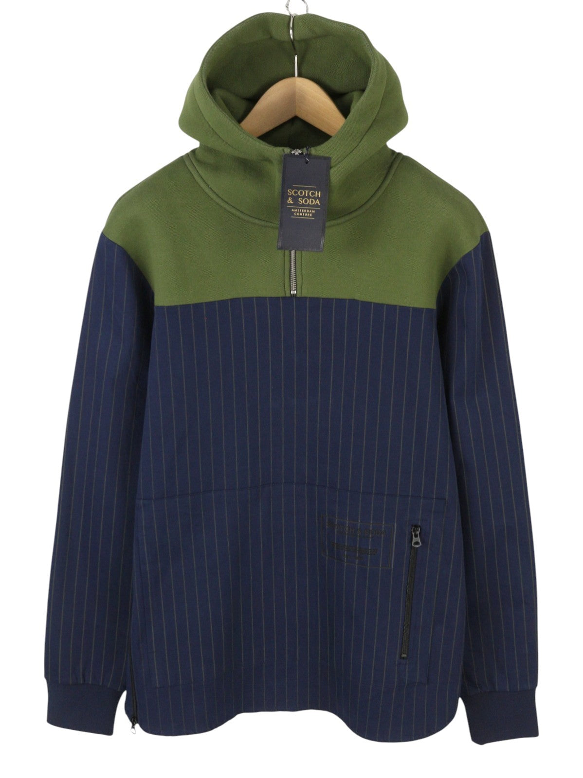 SCOTCH & SODA Men's Jacket M Blue Pinstriped Half Zip Hooded Lightweight Anorak