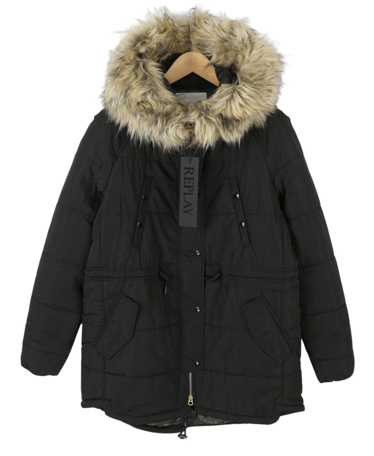 REPLAY Women's Jacket M Black Padded Quilted Drawstring Waist Parka