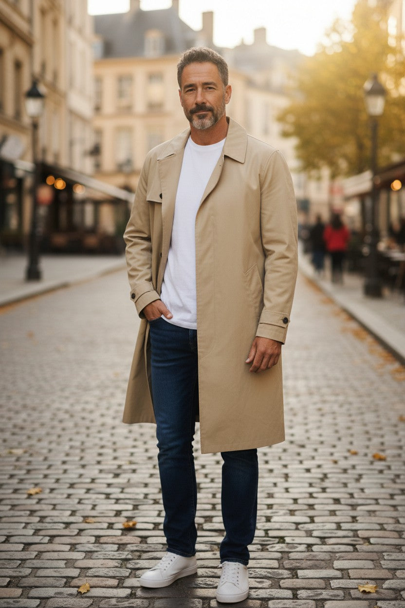 SANDRO Men Coat L Beige Pure Cotton Trench Buttoned Classic Buttoned Mid-Length