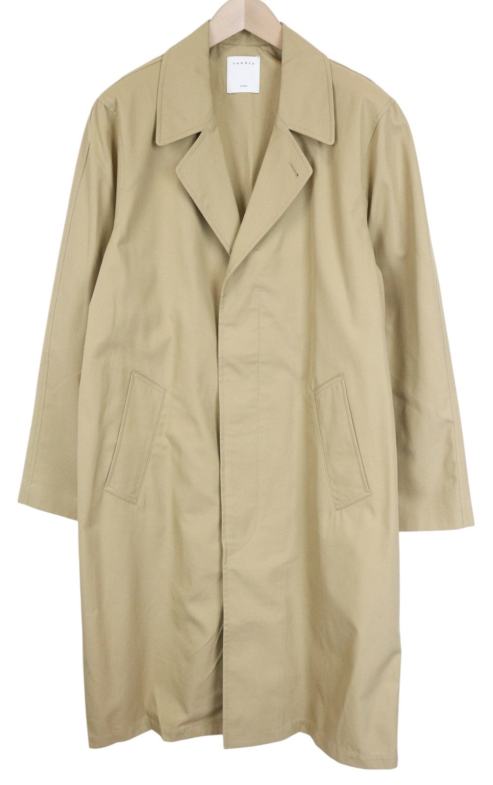 SANDRO Men Coat L Beige Pure Cotton Trench Buttoned Classic Buttoned Mid-Length