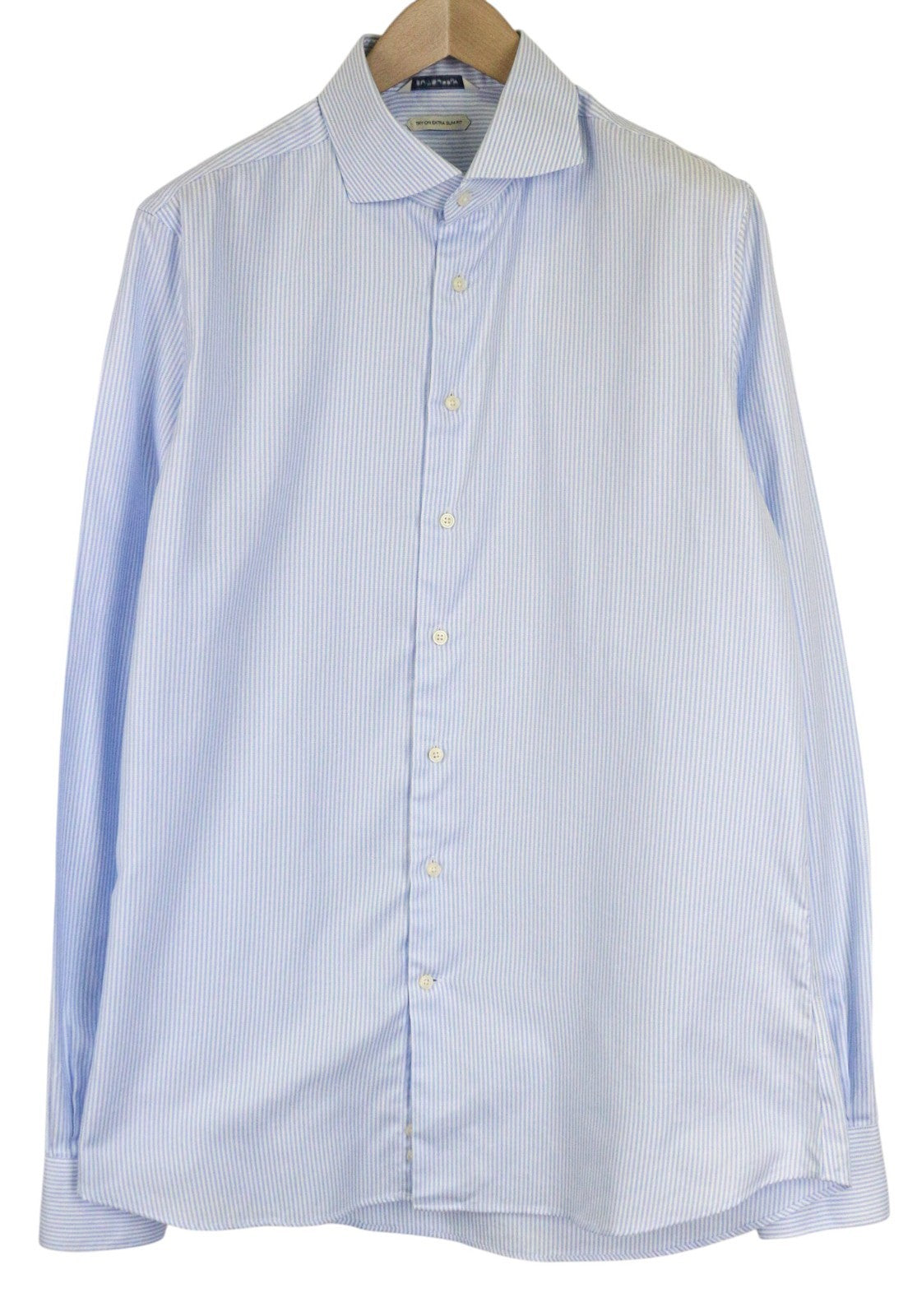 SUITSUPPLY Men Shirt 44L/17 1/2L Extra Slim Fit Striped Long Sleeve Cotton Blue