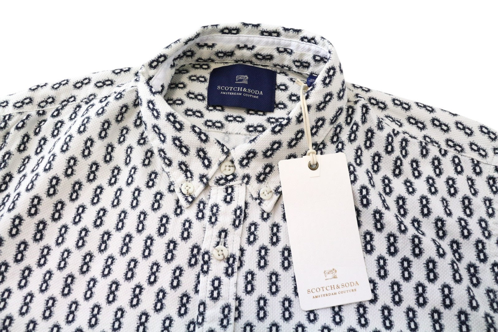 SCOTCH & SODA Ams Couture Men Shirt M White Navy Patterned Long Sleeve Cotton