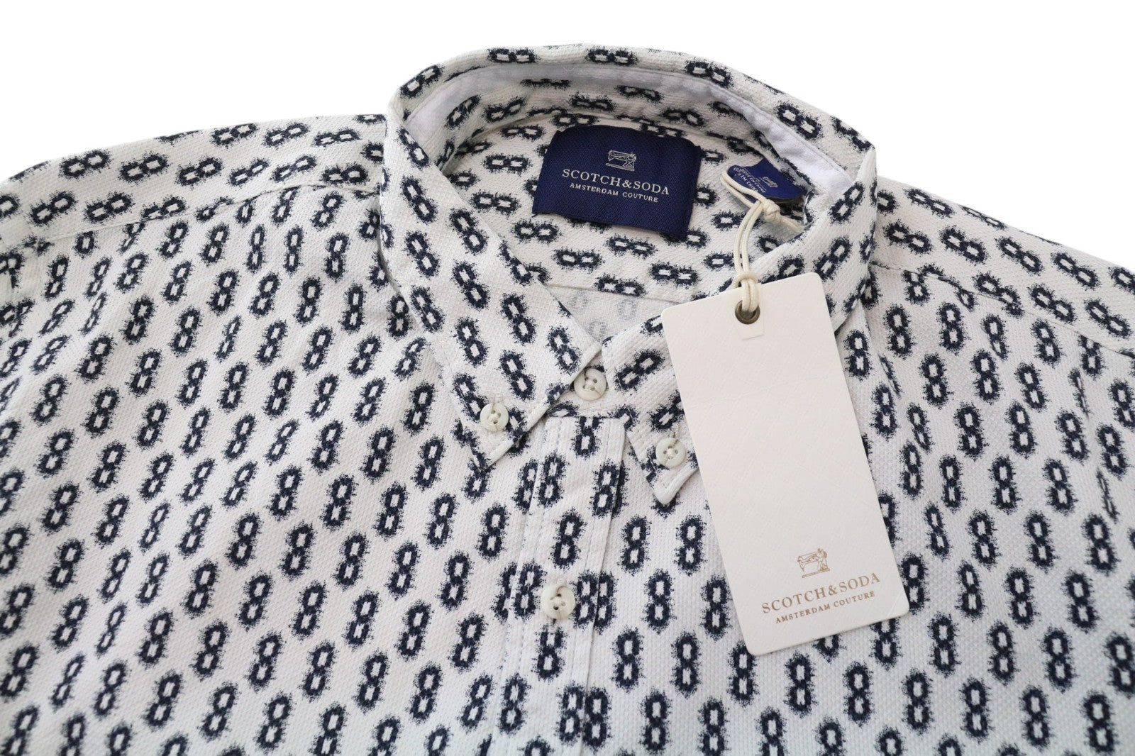 SCOTCH & SODA Ams Couture Men Shirt L White Navy Patterned Long Sleeved Cotton