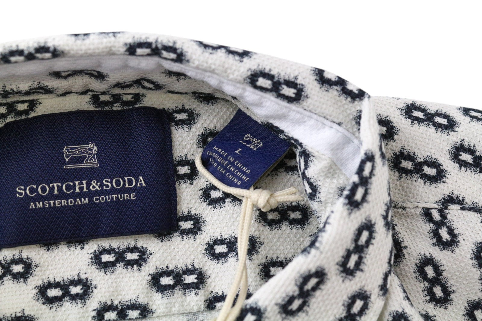 SCOTCH & SODA Ams Couture Men Shirt L White Navy Patterned Long Sleeved Cotton