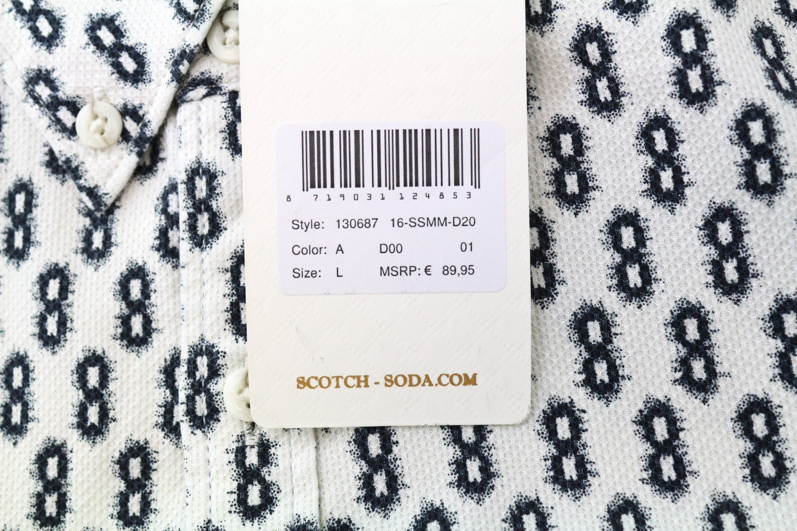 SCOTCH & SODA Ams Couture Men Shirt L White Navy Patterned Long Sleeved Cotton