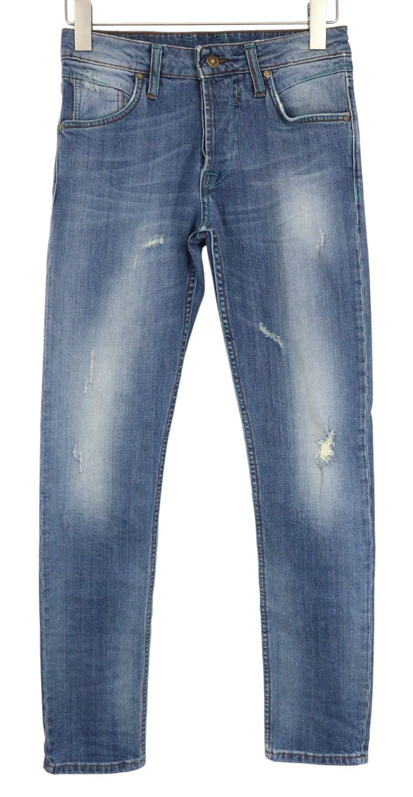TAKESHY KUROSAWA Men Jeans W30 Slim Fit Wash Blue Cotton Stretch Distressed