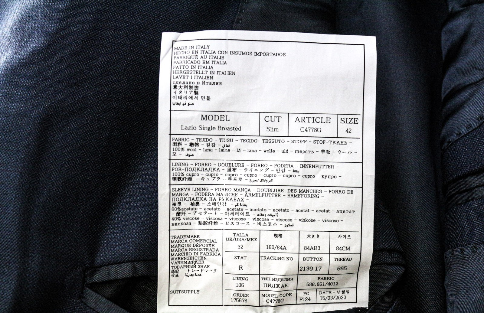 SUITSUPPLY Lazio Men Suit UK32R Lined Pure Wool Super 110's Slim Blue 2 Piece