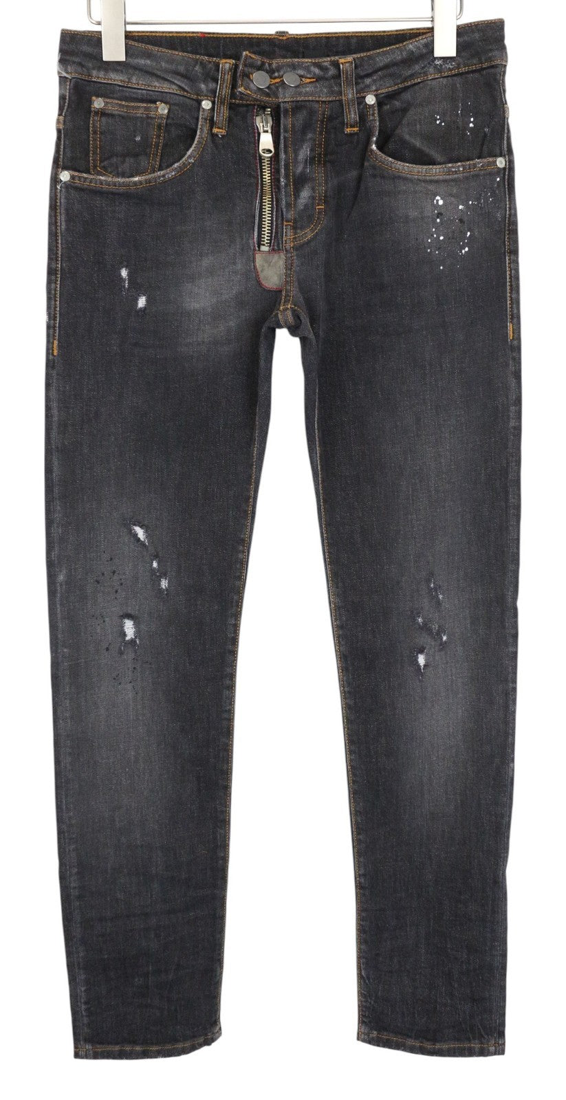 TAKESHY KUROSAWA Men Jeans W32 Slim Dark Grey Cotton Stretch Washed Painted