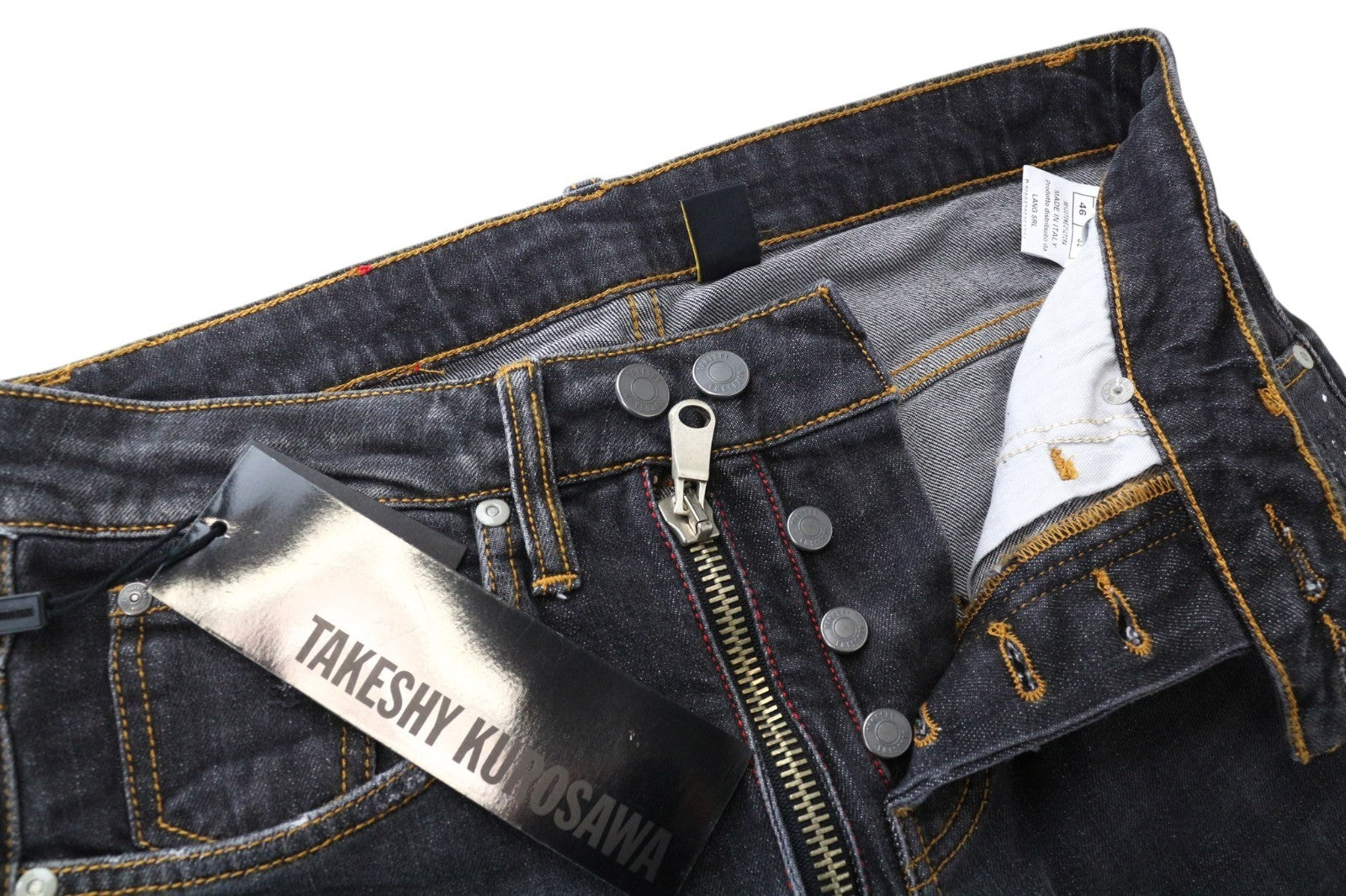 TAKESHY KUROSAWA Men Jeans W32 Slim Dark Grey Cotton Stretch Washed Painted
