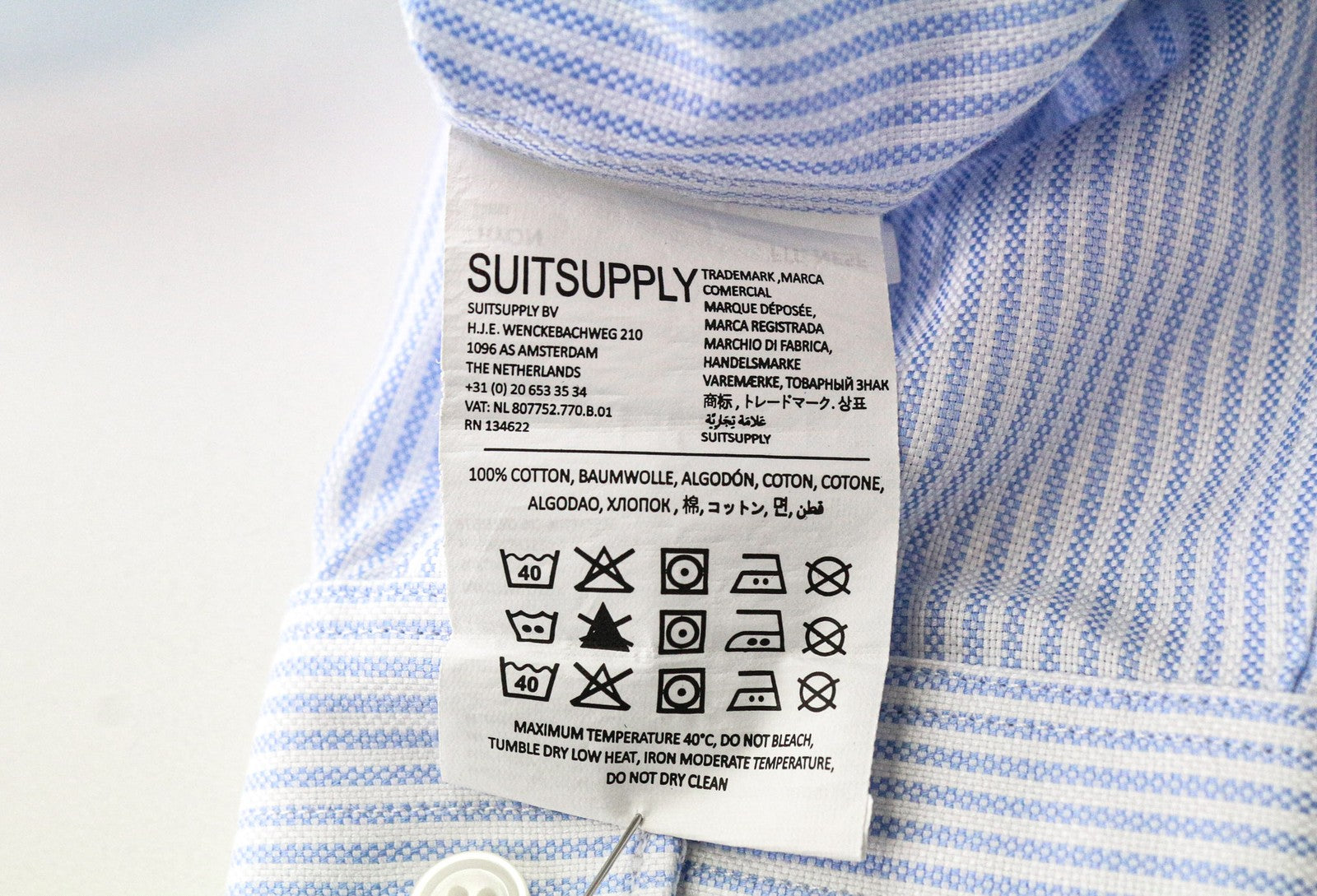 SUITSUPPLY Men Shirt 37/14 1/2 Extra Slim Fit Blue Pure Cotton Striped Classic