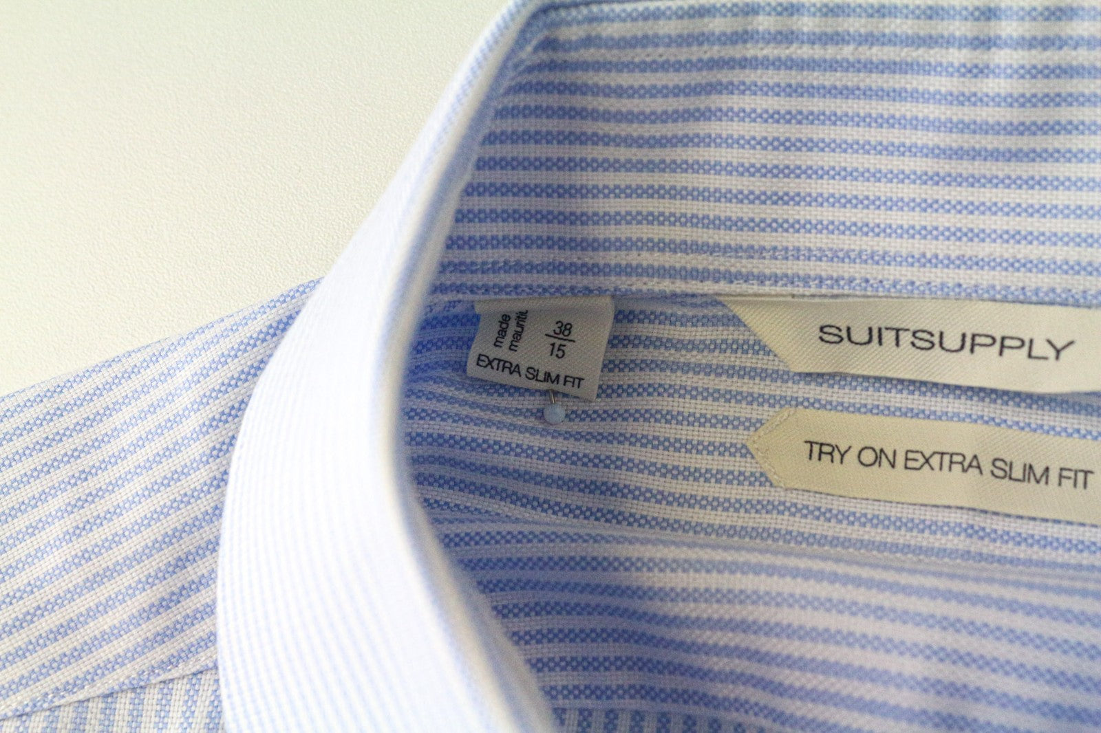 SUITSUPPLY Men Shirt 38/15 Extra Slim Blue Pure Cotton Striped Patterned