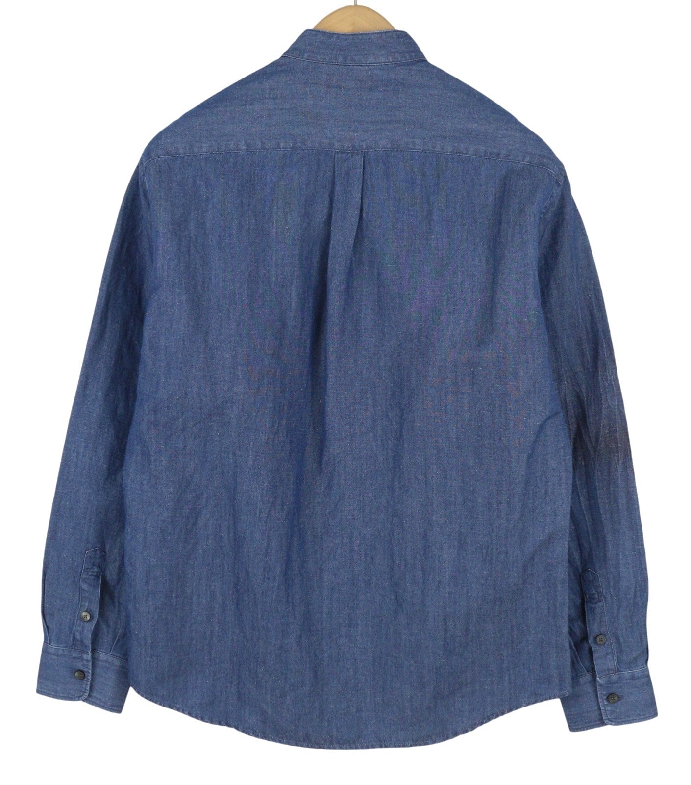 SEASE TN690 Fish Tail Men Shirt L Mid Denim Blue Buton Up Linen Blend RRP510