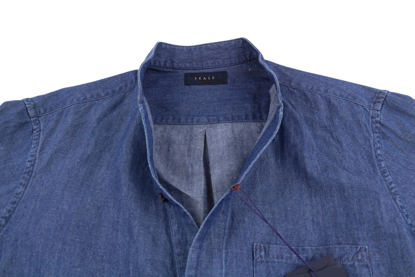SEASE TN690 Fish Tail Men Shirt L Mid Denim Blue Buton Up Linen Blend RRP510