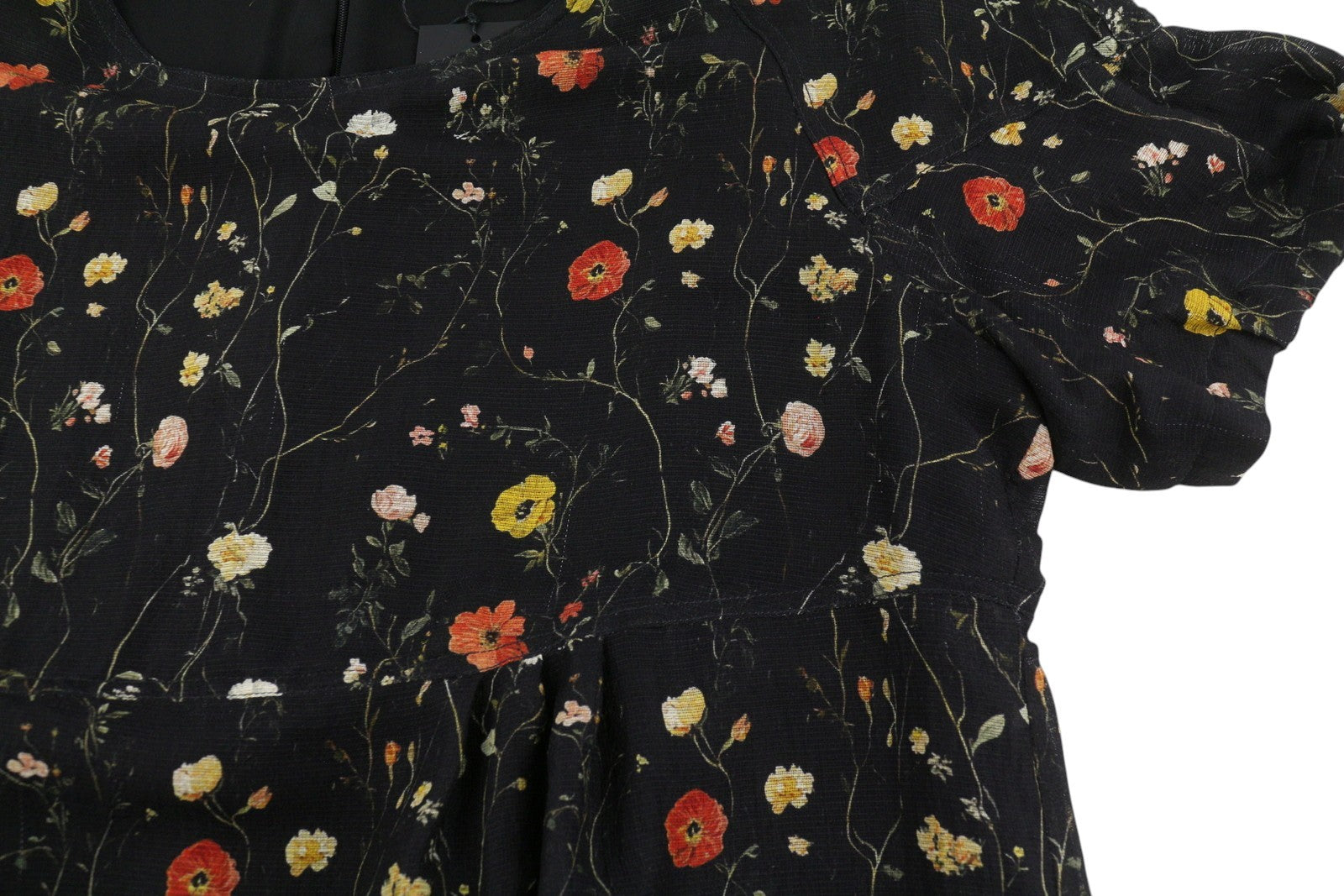 R13 Raglan Sleeve Babydoll Women Dress L Wool Silk Floral On Black Mini RRP1299