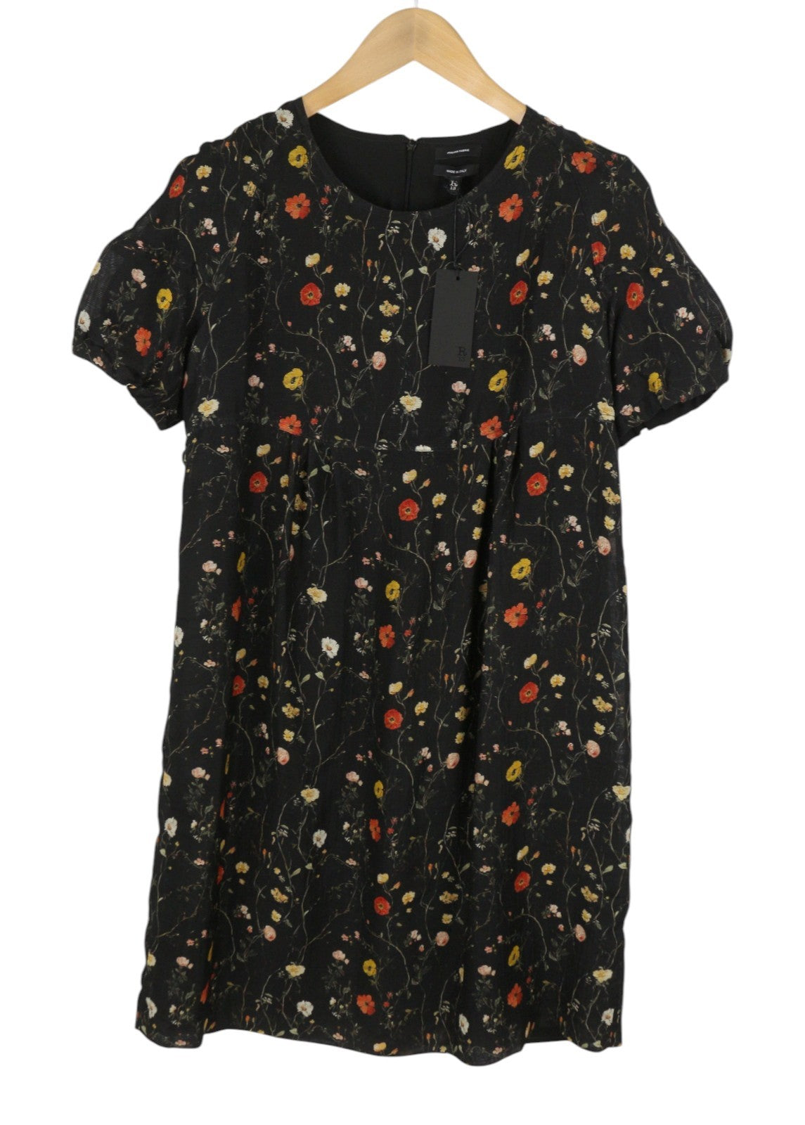 R13 Raglan Sleeve Babydoll Women Dress L Wool Silk Floral On Black Mini RRP1299