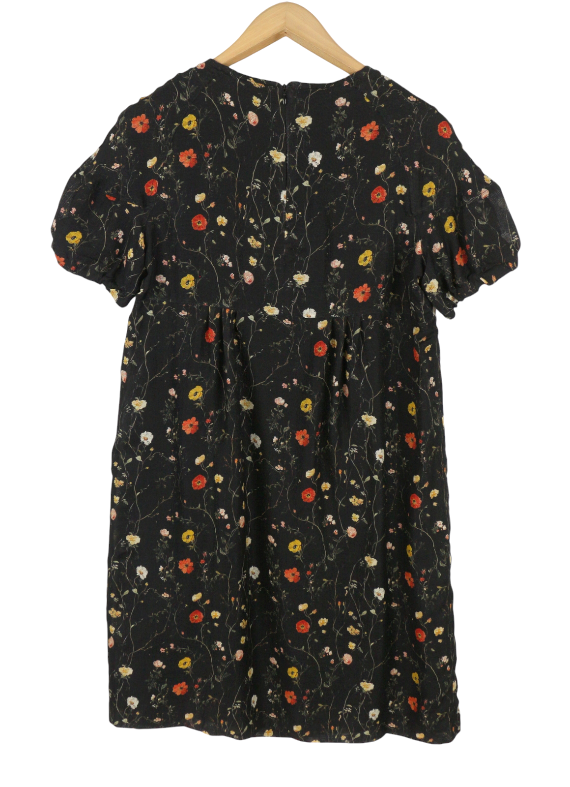 R13 Raglan Sleeve Babydoll Women Dress L Wool Silk Floral On Black Mini RRP1299
