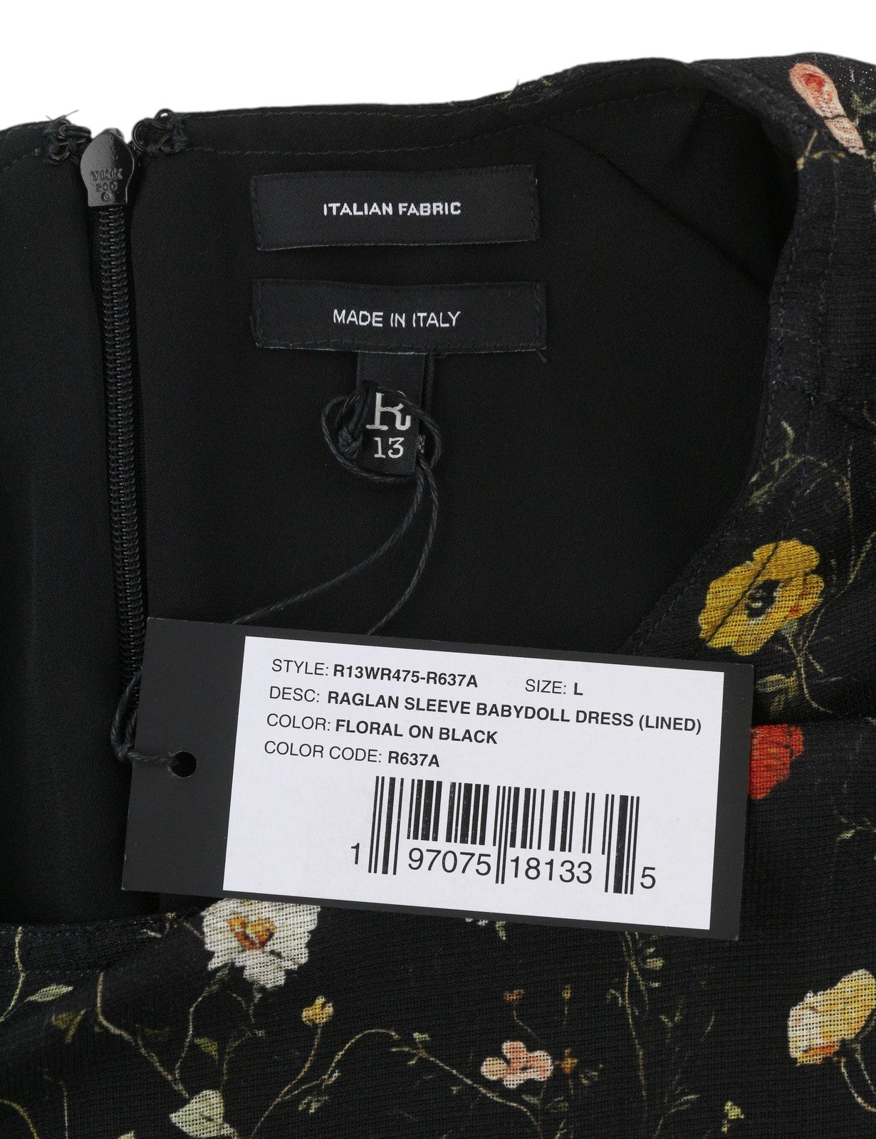 R13 Raglan Sleeve Babydoll Women Dress L Wool Silk Floral On Black Mini RRP1299