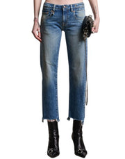 R13 Boy Straight W Rips Women Jeans 27 Jasper Stretch Cropped Distress Blue PF26
