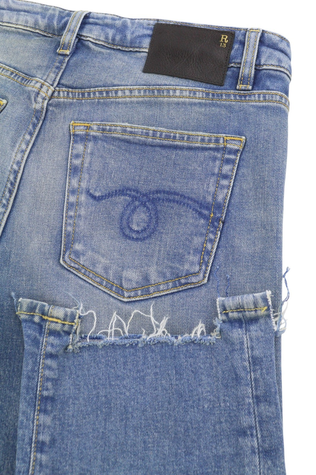 R13 Boy Straight W Rips Women Jeans 27 Jasper Stretch Cropped Distress Blue PF26