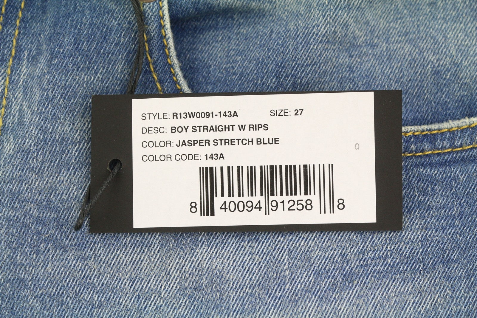 R13 Boy Straight W Rips Women Jeans 27 Jasper Stretch Cropped Distress Blue PF26