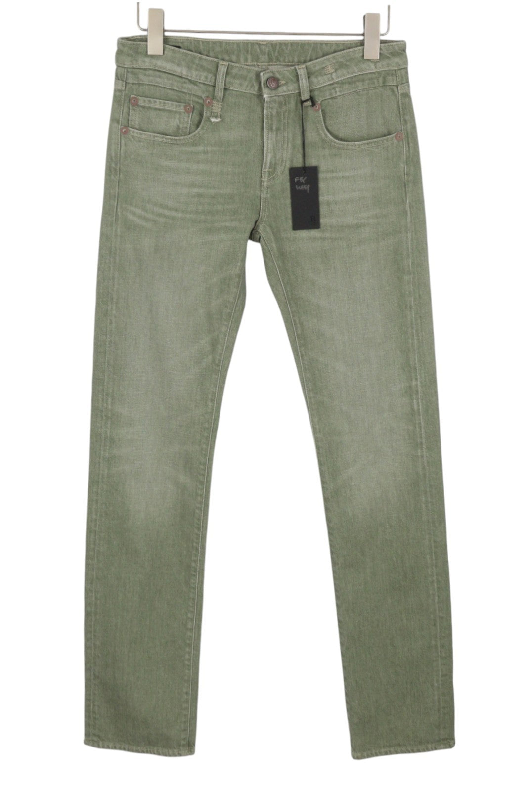 R13 Toby Boy Women Jeans 27 Army Green Stretch Whiskers Faded Denim