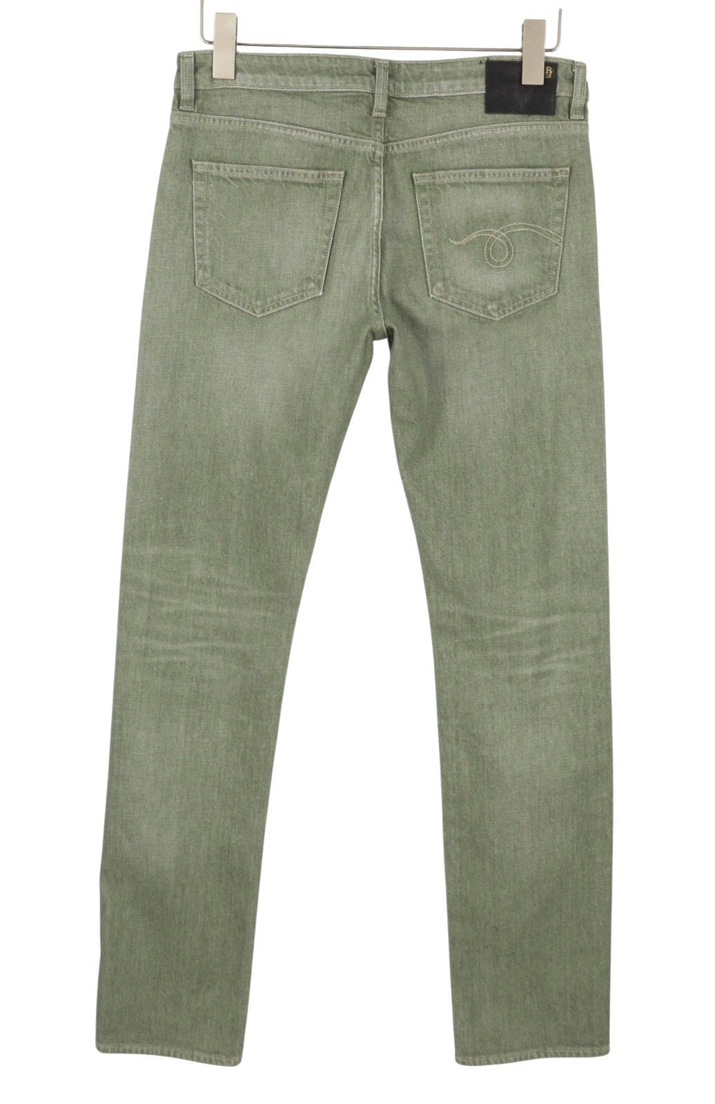 R13 Toby Boy Women Jeans 27 Army Green Stretch Whiskers Faded Denim
