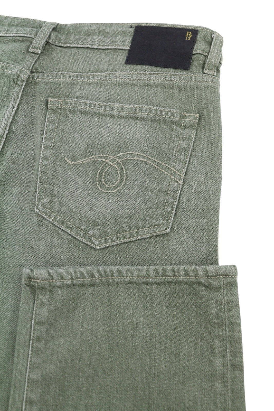 R13 Toby Boy Women Jeans 27 Army Green Stretch Whiskers Faded Denim