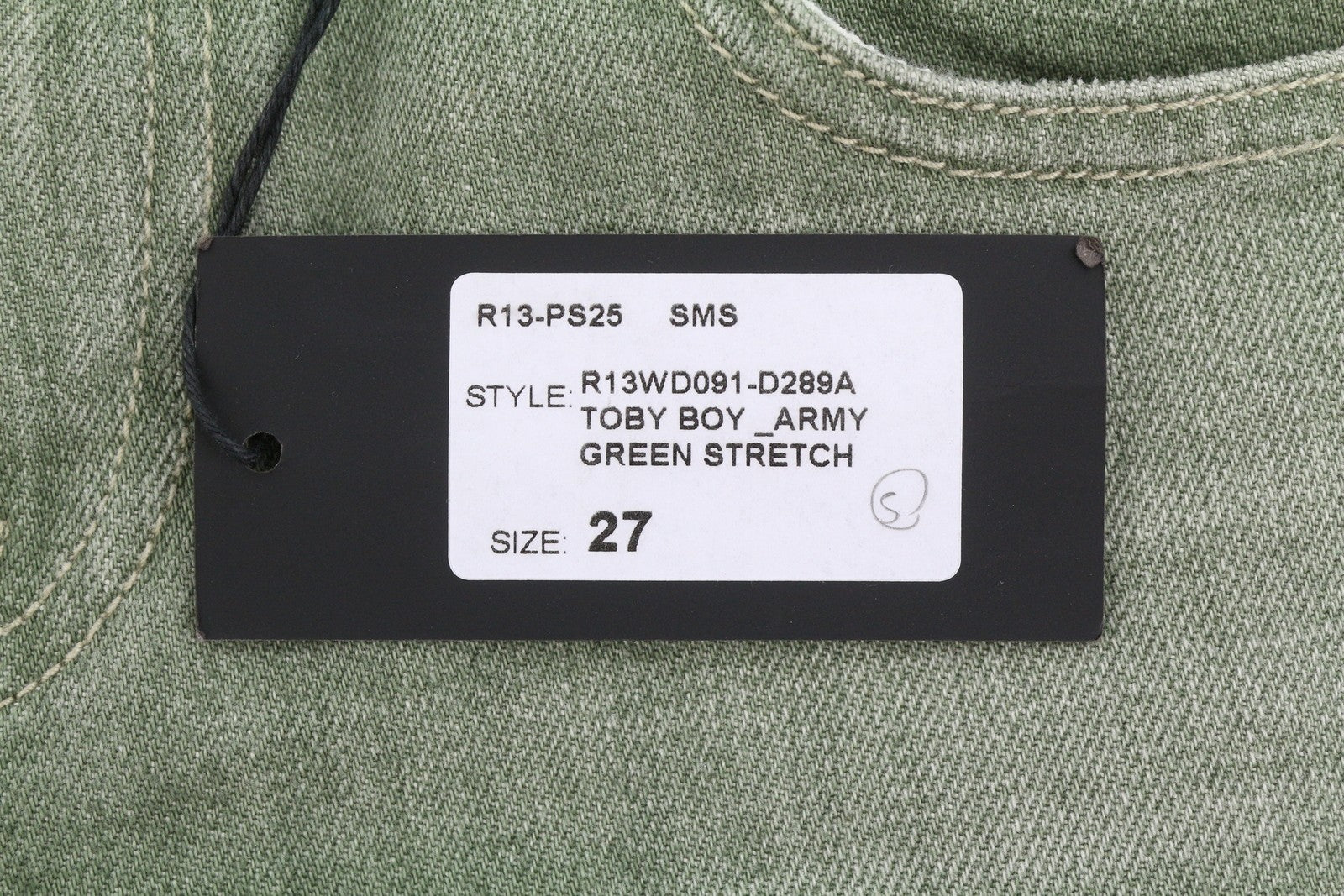 R13 Toby Boy Women Jeans 27 Army Green Stretch Whiskers Faded Denim