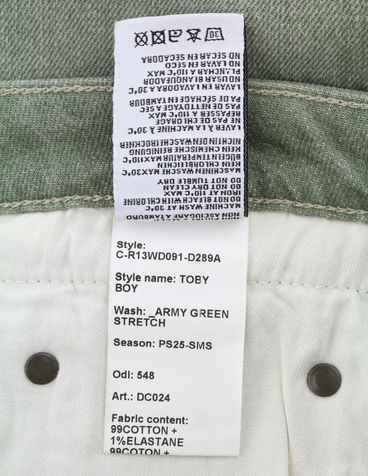 R13 Toby Boy Women Jeans 27 Army Green Stretch Whiskers Faded Denim