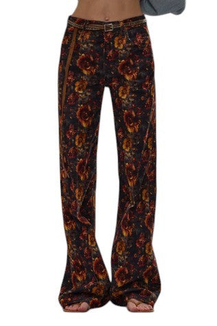 R13 Charlotte Women Trousers 27 Navy Floral Velveteen Velour High Rise RRP895