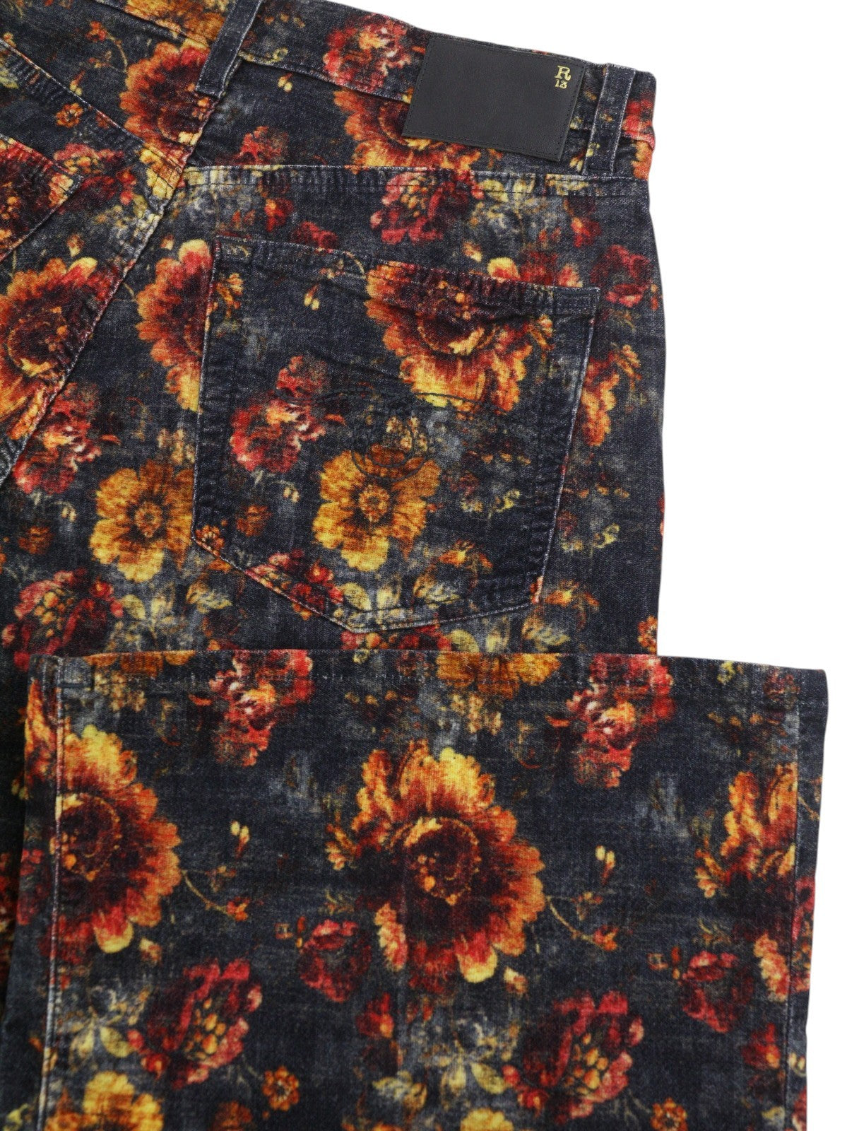 R13 Charlotte Women Trousers 27 Navy Floral Velveteen Velour High Rise RRP895