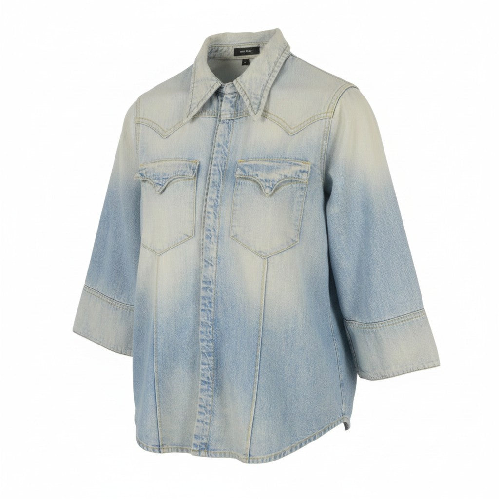 R13 Shrunken Cowboy Women Shirt M Timmy Tex 3/4 Sleeves Western Denim Blue