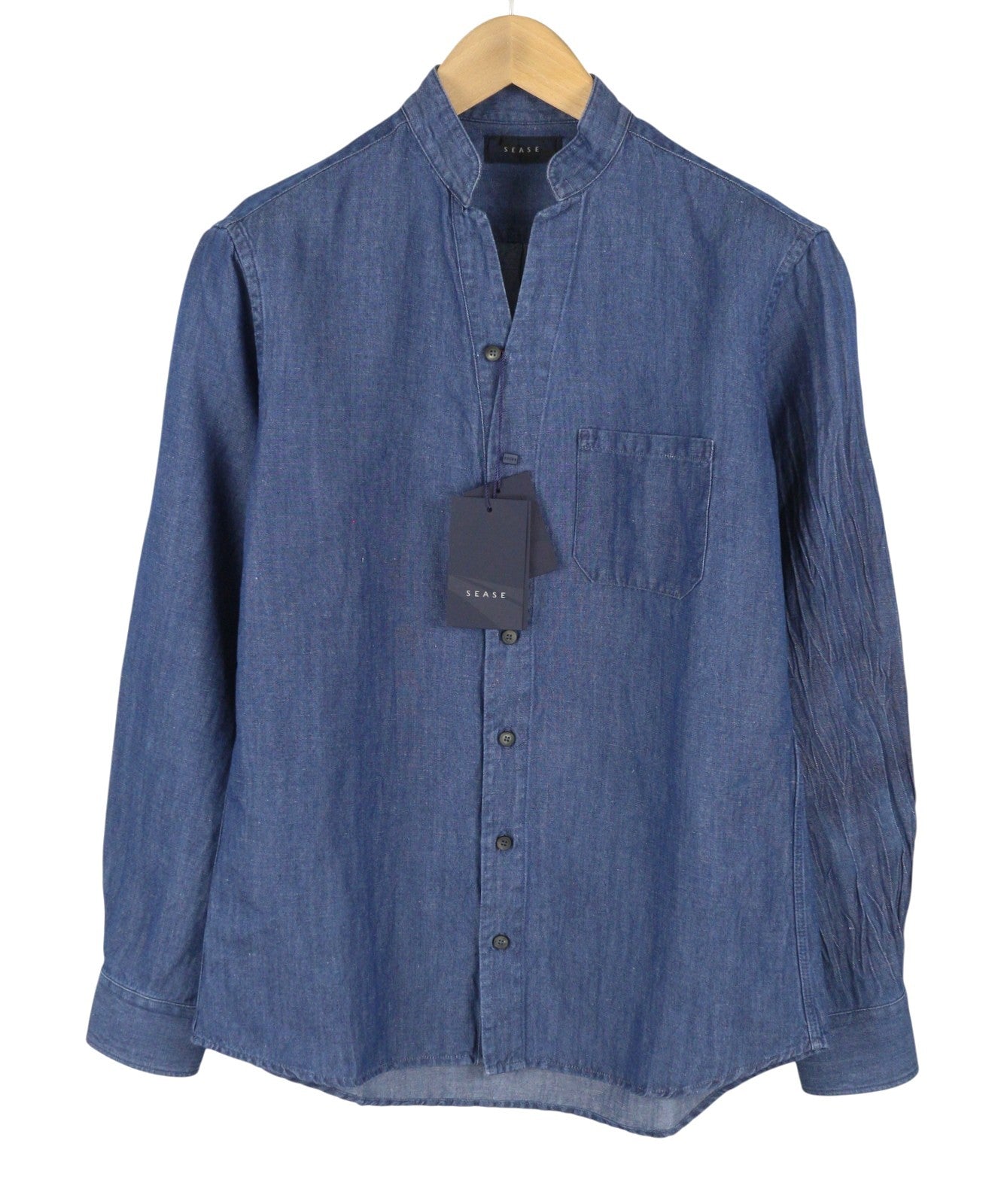 SEASE TN690 Fish Tail Men Shirt L Mid Denim Blue Buttoned Linen Blend RRP510
