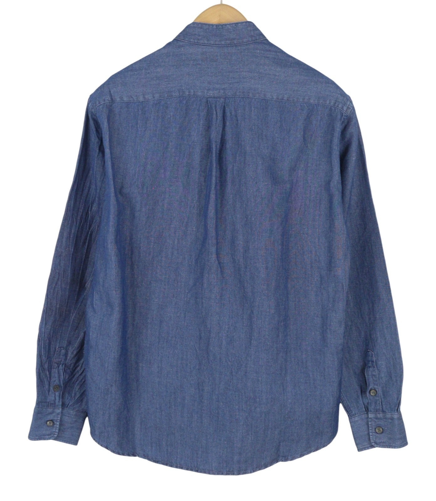SEASE TN690 Fish Tail Men Shirt L Mid Denim Blue Buttoned Linen Blend RRP510