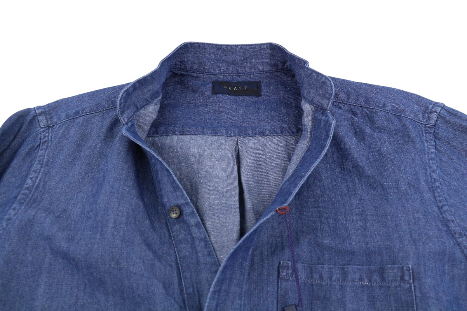 SEASE TN690 Fish Tail Men Shirt L Mid Denim Blue Buttoned Linen Blend RRP510