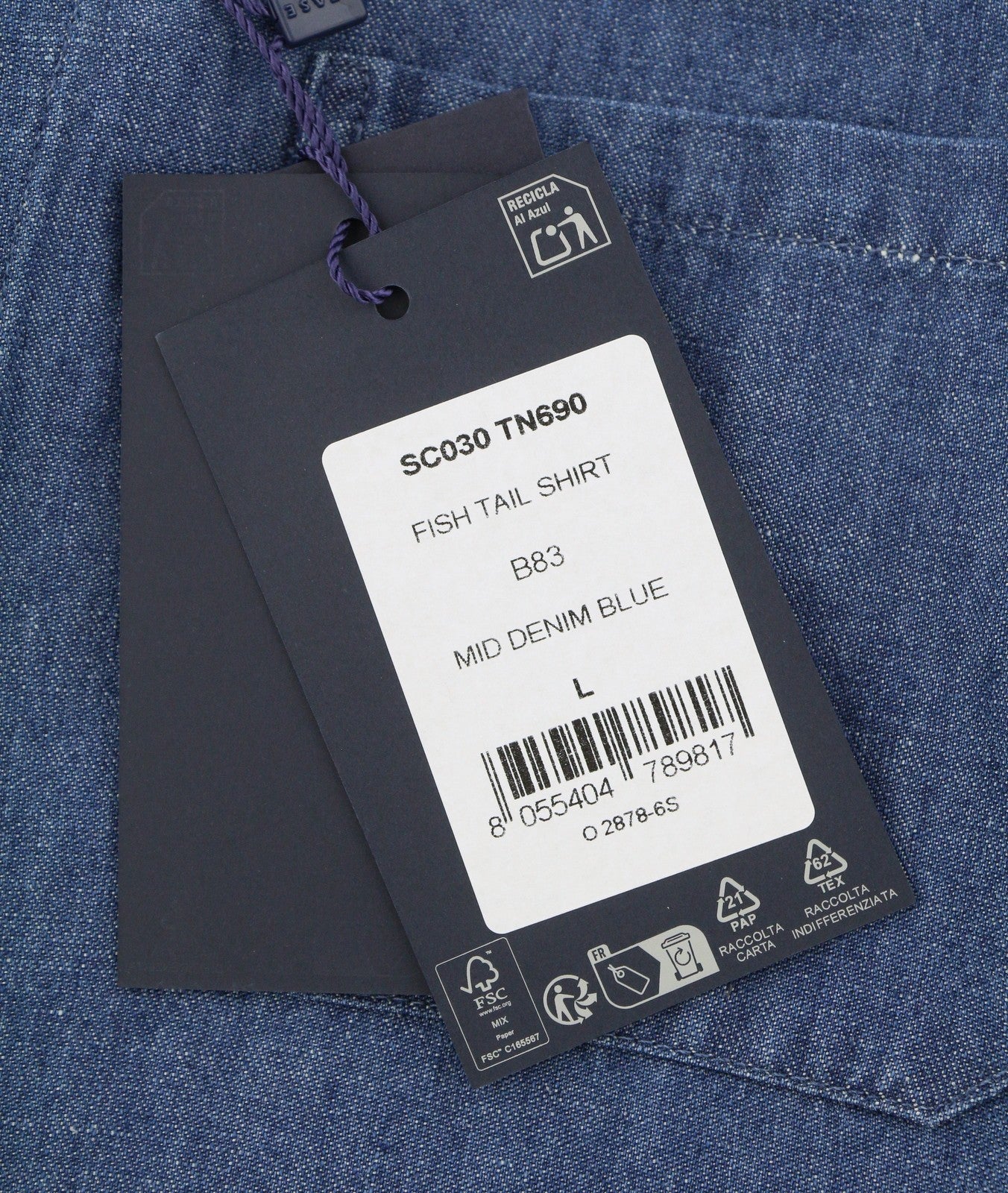 SEASE TN690 Fish Tail Men Shirt L Mid Denim Blue Buttoned Linen Blend RRP510