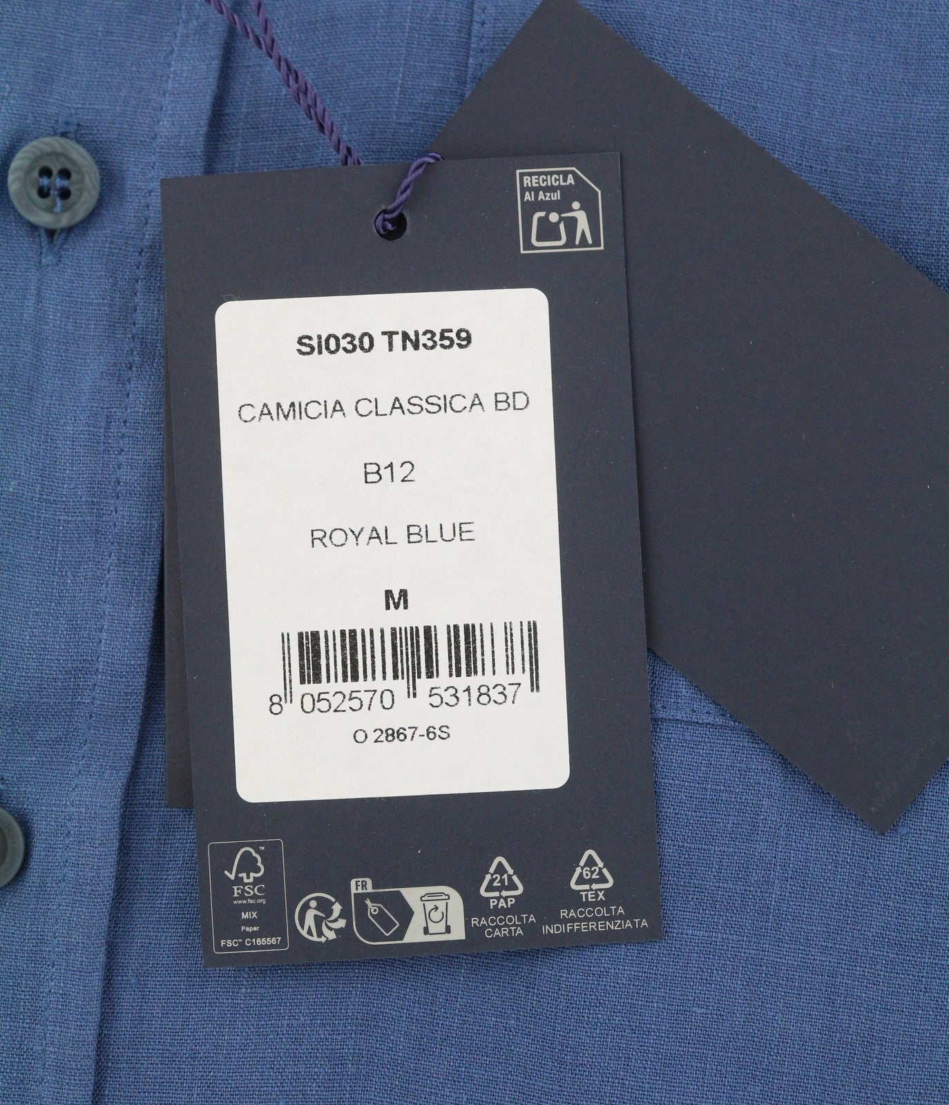 SEASE TN359 Men Shirt M Royal Blue Hemp Button Patch Pocket RRP460