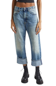 R13 Cuffed X-BF Women Jeans 31 Jasper Cropped Whiskers Faded Blue PF26