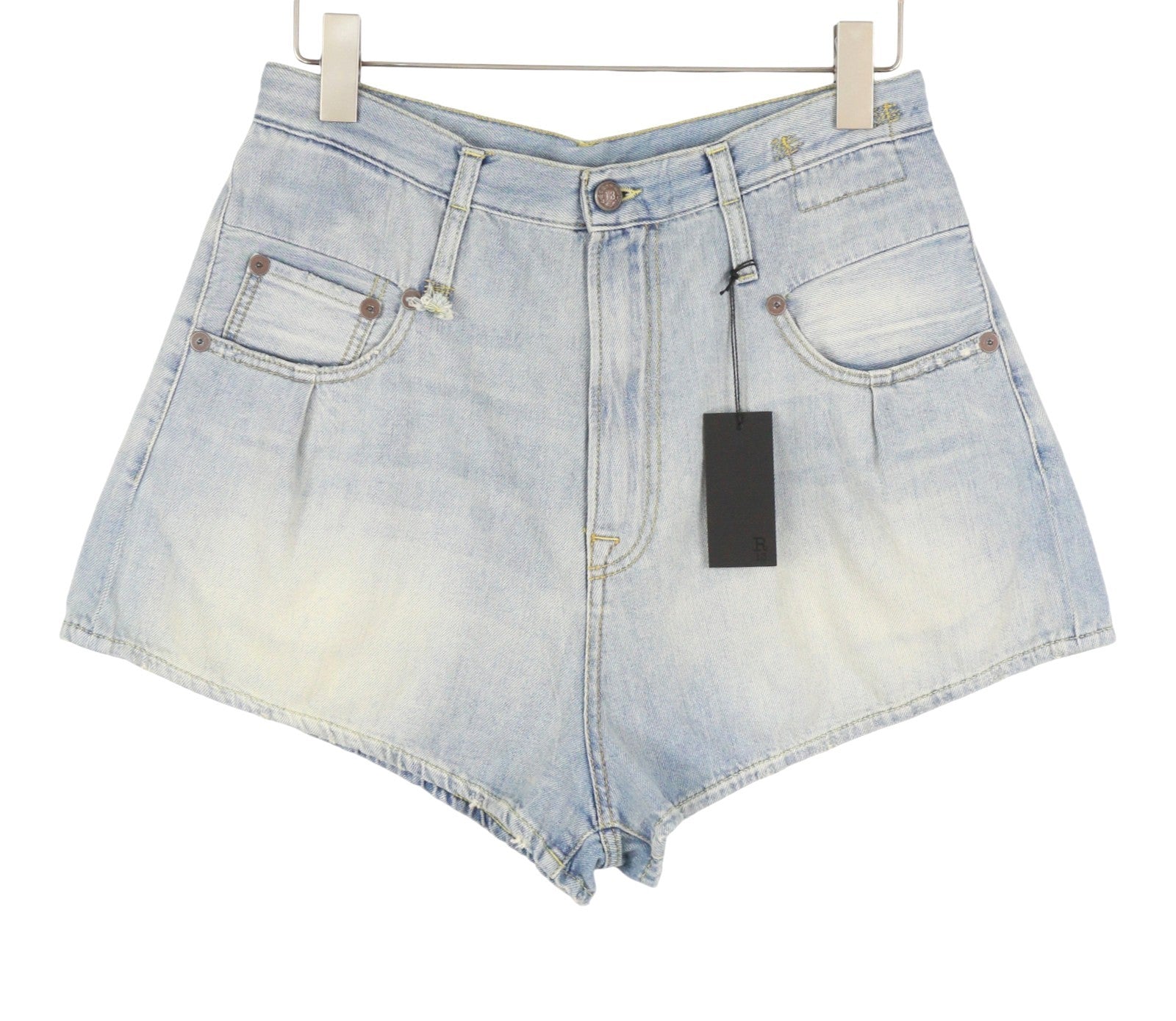 R13 Double Loop Venti Women Shorts 27 Toni Blue Faded Whiskers Pleat Denim