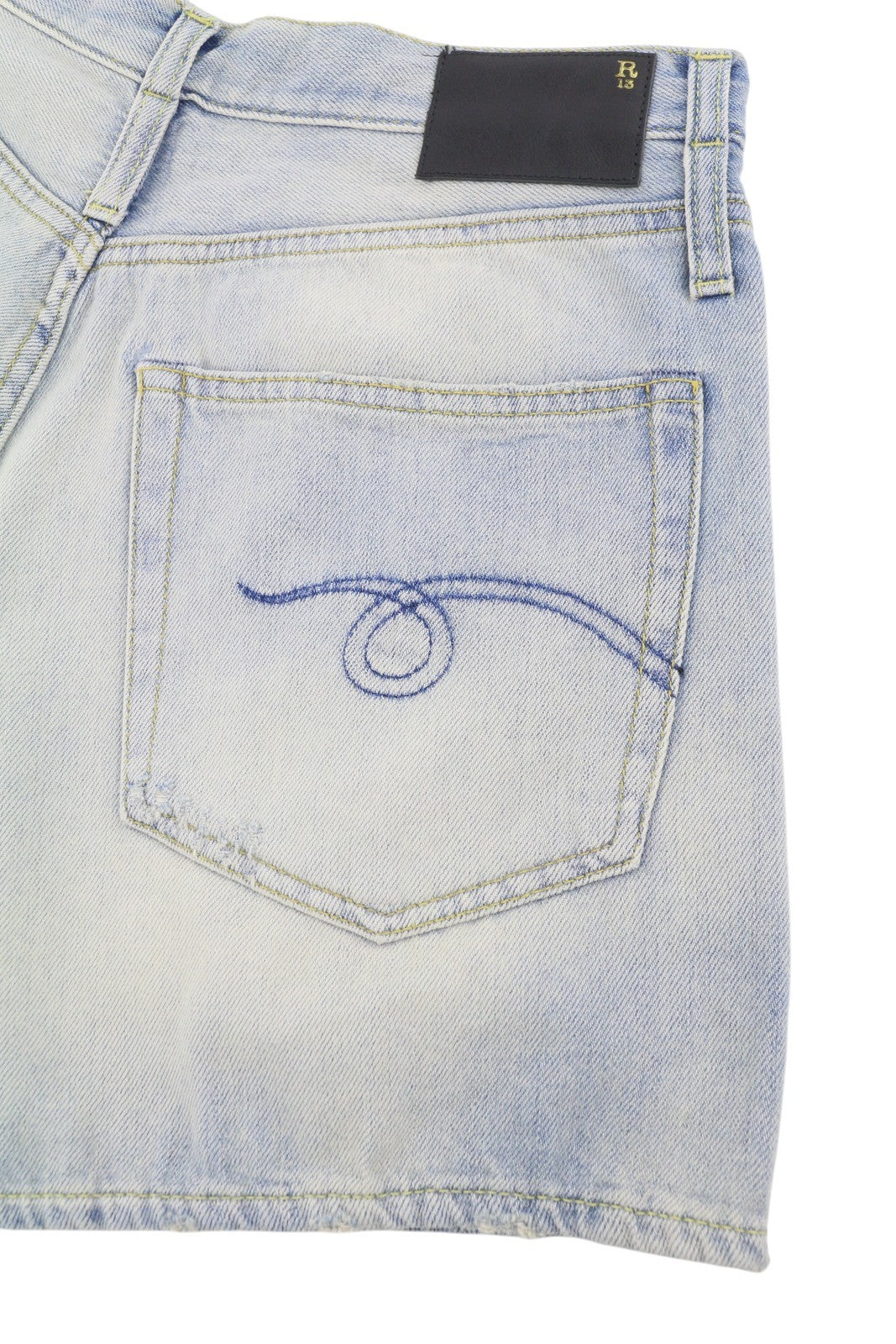 R13 Double Loop Venti Women Shorts 27 Toni Blue Faded Whiskers Pleat Denim