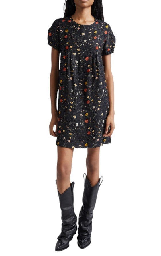 R13 Raglan Sleeve Babydoll Women Dress S Wool Silk Floral On Black Mini RRP1299