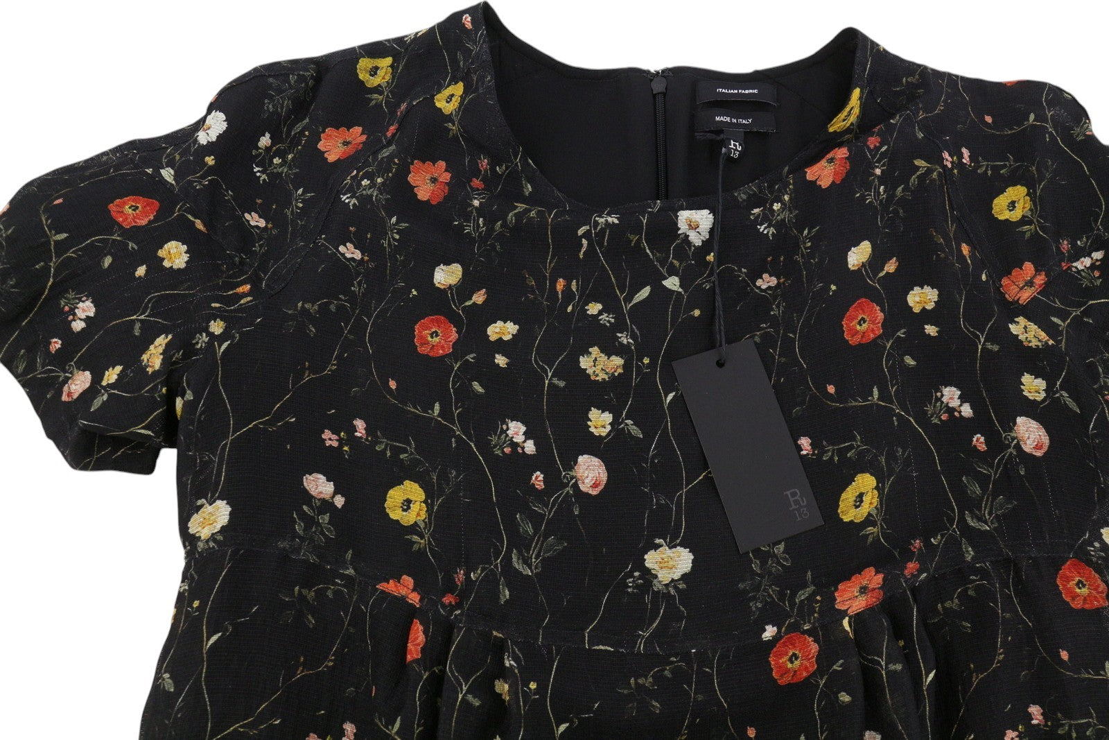 R13 Raglan Sleeve Babydoll Women Dress S Wool Silk Floral On Black Mini RRP1299