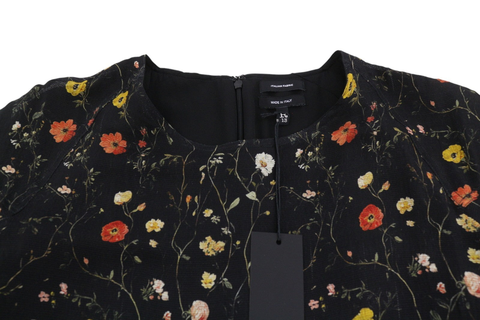 R13 Raglan Sleeve Babydoll Women Dress S Wool Silk Floral On Black Mini RRP1299