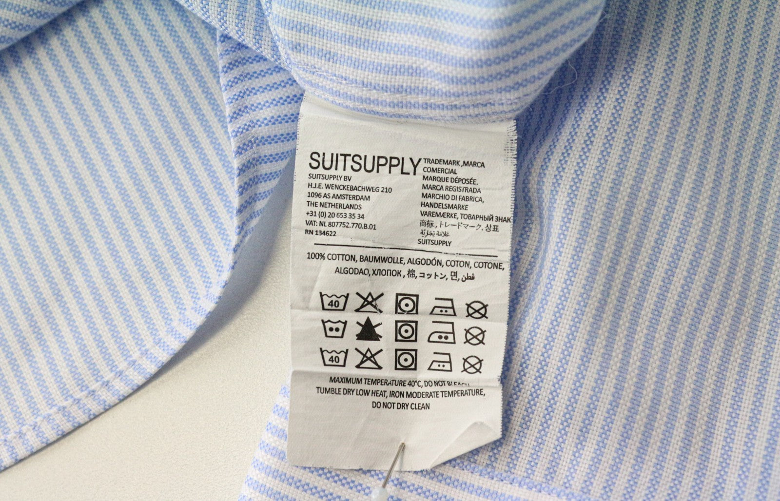 SUITSUPPLY Men Shirt 37/14 1/2 Extra Slim Blue Cotton Striped Pattern Classic
